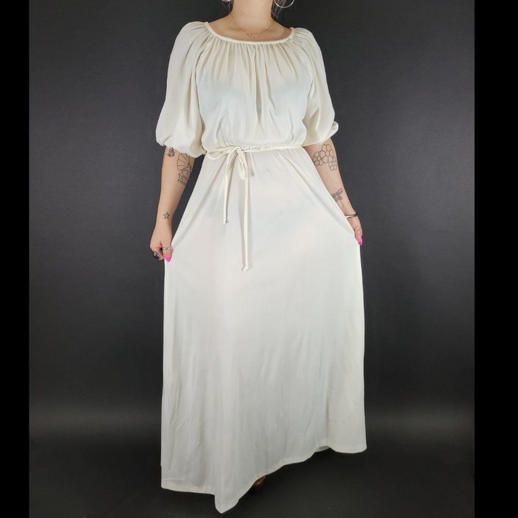 70s Cream Bubble Sleeve Maxi Dress